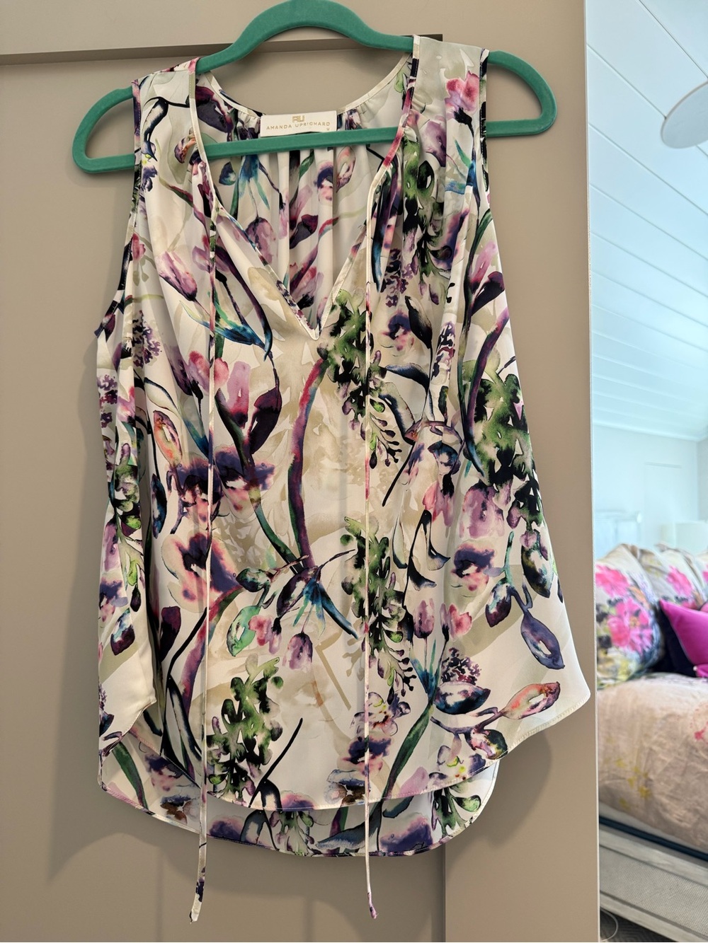 Amanda Uprichard White Floral Tie-Neck Sleeveless Blouse
